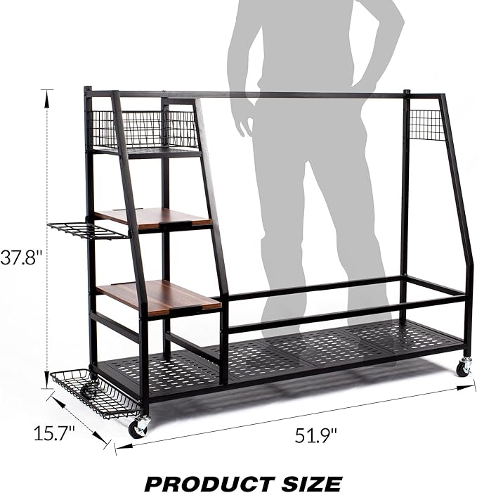 Sttoraboks Golf Bags Storage Garage Organizer, Golf Bag Rack Fits 2/3 Golf Bags and Golf Equipment Accessories, Golf Club Storage Stand with Wooden Shelf and Lockable Wheels for Garage Indoor Basement