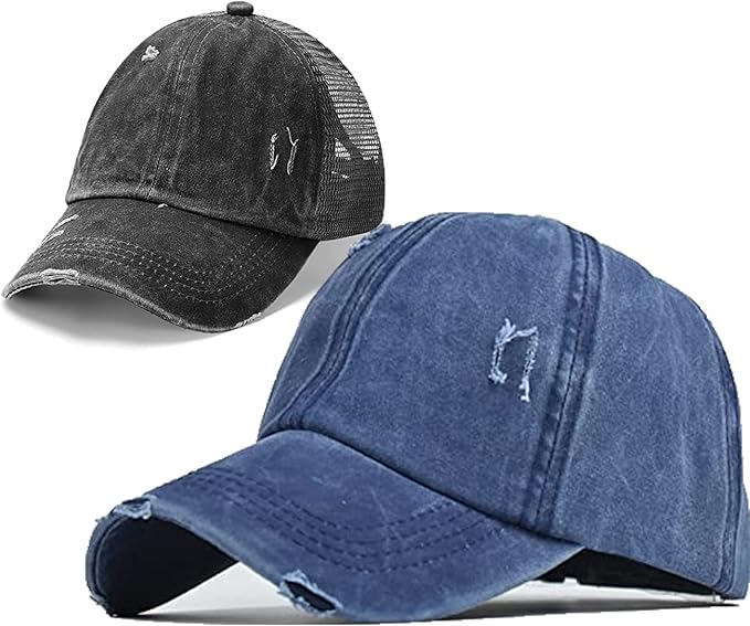 Criss Cross Hat Washed Distressed Baseball Cap Ponytail Hat High Messy Bun Ponycap for Women