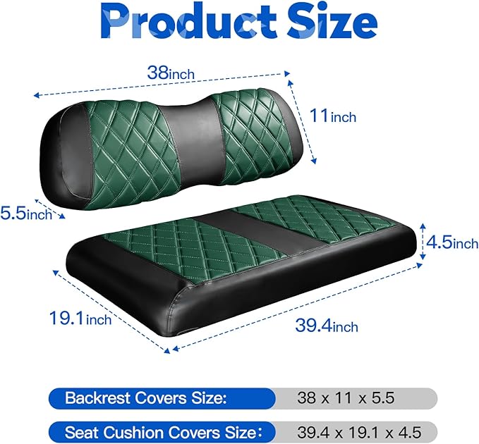 NOKINS Golf Cart Club Car DS 2000.5-Up Diamond Seat Covers Kit, Fits Club Car DS OEM Standard Front Seat Cushion, Golf Cart Vinyl Seat Cover, No Nails Required(Dark Green and Black)