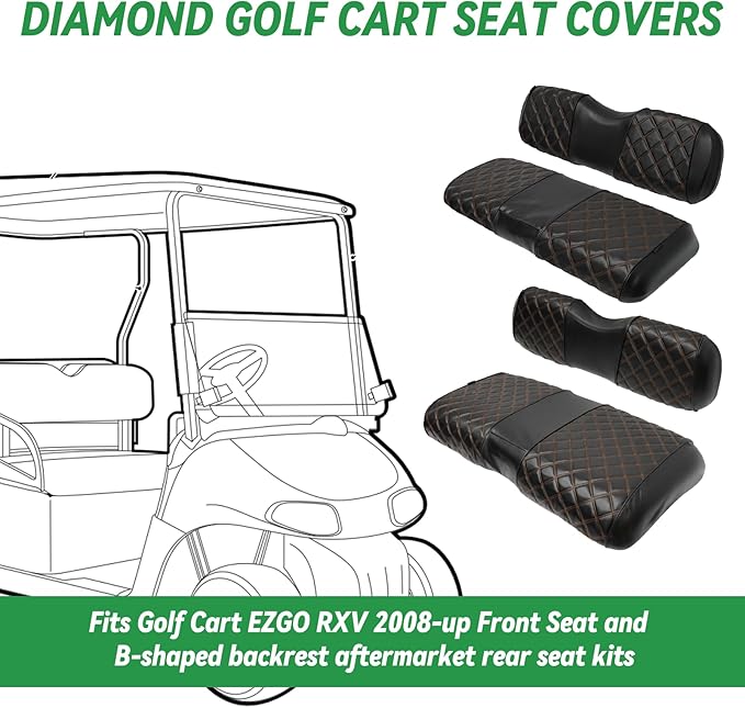 XUANYUDG0769 Golf Cart Front and Rear Seat Covers for EZGO RXV 2008-up OEM Ordinary Front Seat and Aftermarket Common Rear Seat Kits, No Stapler Vinyl Leather Diamond EZGO RXV Seat Covers