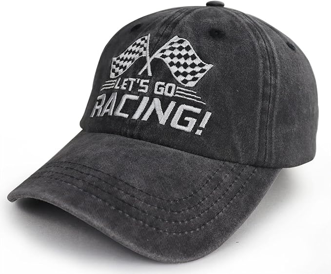 Let's Go Racing Hat for Men Women, Adjustable Embroidered Washed Cotton Checkered Flags Race Car Baseball Cap