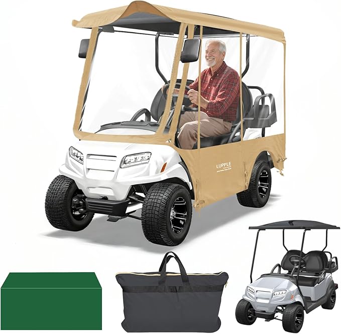 Golf Cart Enclosure 4 Passenger Extended Roof for EZGO/Club Car/Yamaha/ICON, Fits 2+2 Seater Model, 600D Waterproof Rain Cover with Clear PVC Windows and 4-Sided Roll-Up Zipper Doors