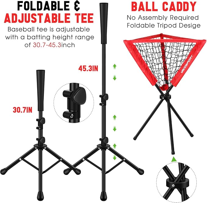 7x7' Baseball & Softball Net for Batting Pitching Hitting - Large Ball Collection System, Portable Baseball Training Equipment with Strike Zone, Tee, Ball Caddy, for Adult Sport,Youth Practice
