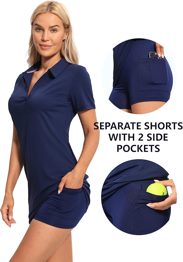 Hiverlay Golf Dresses for Women with Shorts and Pockets, V-Neck Short Sleeve Tennis Dress, Workout Athletic Dresses