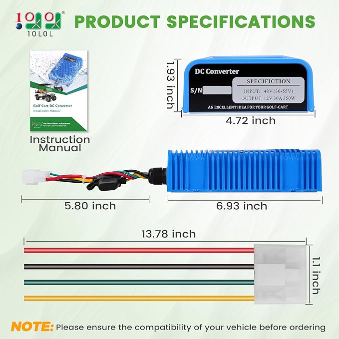 Universal Golf Cart Voltage Reducer DC Converter 36V or 48V to 12V 30 A 360W for EZGO Club Car Yamaha Golf Carts, with Power Cables