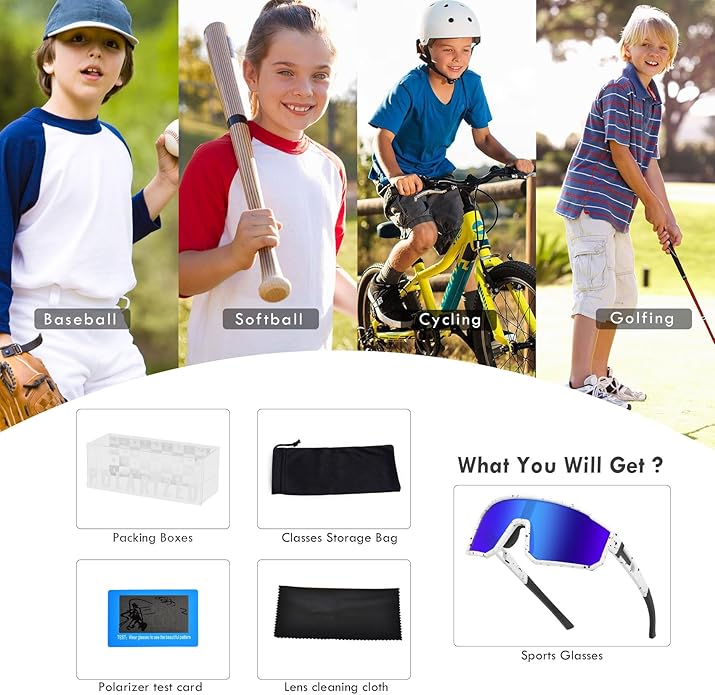 MVPTGRS Youth Baseball Sunglasses for Boys Girls Age 8-14 TR90 Frame Kids Sport Sunglasses for Softball Cycling Baseball Golf