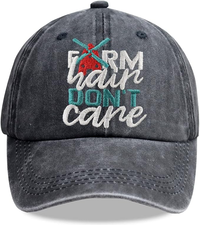 Farm Hair Don't Care Hat, Adjustable Washed Cotton Embroidered Adjustable Farm Windmill Baseball Cap for Women Men