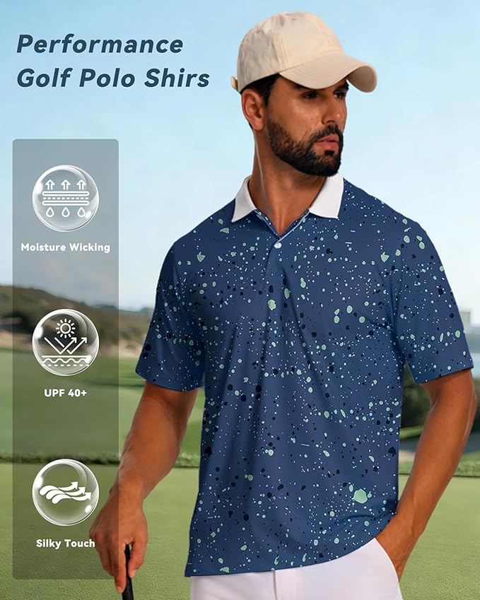 KUYIGO Mens Polo Shirt Quick Dry Moisture Wicking UPF 40+ Performance Printed Short Sleeve Summer Tennis Golf Shirt