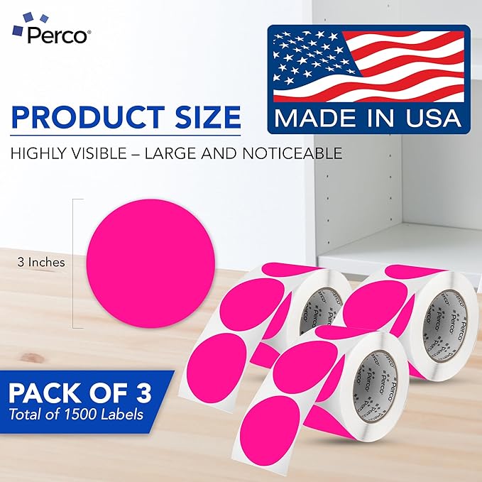 Perco Fluorescent Pink 3-Inch Round Circle Dot Sticker Labels - Image 2