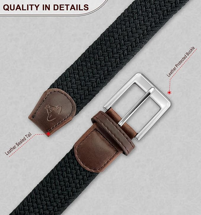 BULLIANT Belt for Men 2Pack,Mens Gift Stretch Braided Web Belt Elastic for Casual Golf Jeans,1 3/8"