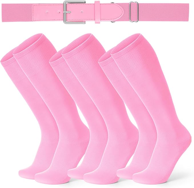 XZQTIVE 3 Pairs of Baseball Softball Socks and 1 Baseball Softball Belt Combo Set Knee-High Soccer Socks for Kids Youth Adult