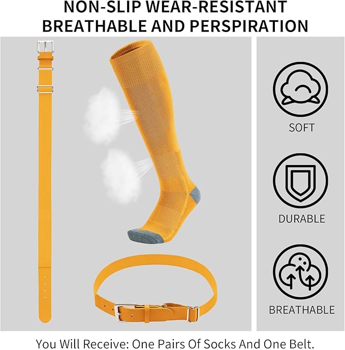 QBK Youth Baseball Socks & Belt Combo Set for Kids 2-16 Years -Softball/Tee Ball Accessories (1 Pair + 1 Belt, Unisex)