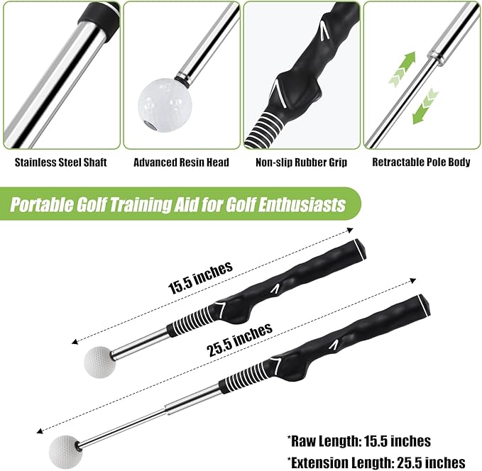 MIKOSI Retractable Golf Swing Trainer, Golf Grip Trainer and Golf Training Aid for Chipping Hitting & Grip Correction, Golf Swing Practice Stick with Arm Band for Right/Left-Handed, Indoor/Outdoor