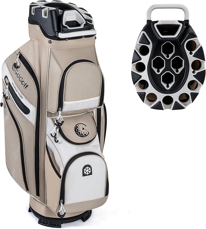 Tangkula Golf Cart Bag with 14-Way Full Length Dividers, 6 Molded Lock Top Golf Club Bag with 11 Pockets, Cooler Bag, Padded Strap, Handles, Umbrella Holder & Rain Hood