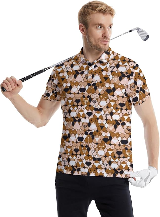 HUURAY Funny Golf Polos for Men Funny Print Short Sleeve Shirts Quick Dry Polo Shirts Hawaiian Shirt Performance Golf Outfits