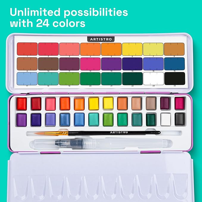 ARTISTRO Watercolor Paint Set 24 Colors, Travel Watercolor Set in Portable Box - Image 3