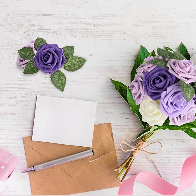 AmyHomie Artificial Flower Seriesc Purple Rose 25pcs Real Looking Fake Roses - Image 6