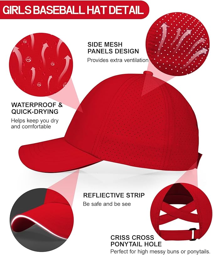 Little Girls Reflective Baseball Cap Criss Cross Ponytail Hat Kids Quick Dry Mesh Summer Sports Hat for Toddler Ages 3-8