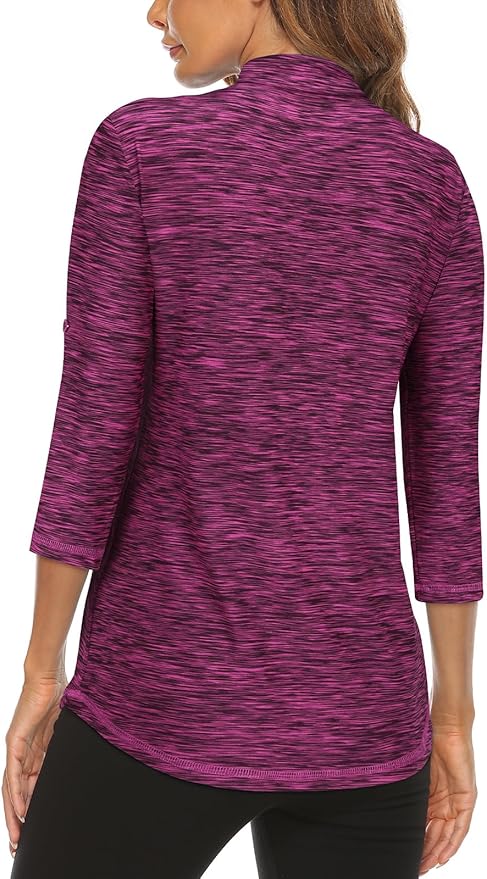 Koscacy Women's 3/4 Roll Sleeve Golf Tennis Polo Shirts UPF50+ Half Zip Dry Fit Workout Tops Athletic Shirt