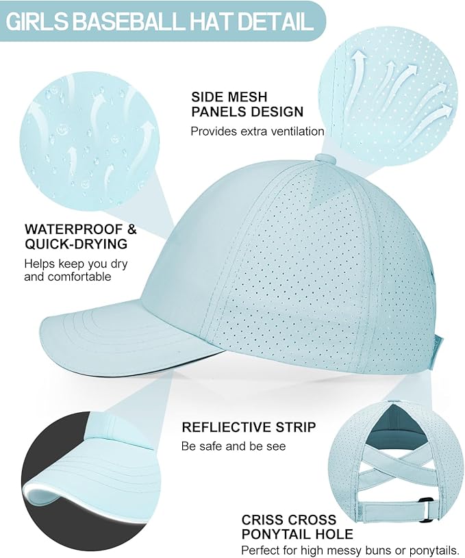 Little Girls Reflective Baseball Cap Criss Cross Ponytail Hat Kids Quick Dry Mesh Summer Sports Hat for Toddler Ages 3-8