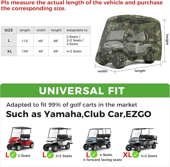 10L0L Golf Cart Cover 2/4/4+2 Passenger for Yamaha EZGO Club Car, Heavy Duty 420D Waterproof Windproof Durable Oxford Golf Cart Cover with 3 Zipper Doors for All-Weather Protection (Black/Silver)