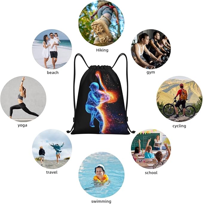 Sports-Themed Drawstring Bags with a Playing Baseball Man Pattern, Kids Drawstring Backpack Casual Knapsack for Boys Girls Adults Women Men, Black Rucksack Bags for Gym Travel Swimming Yoga, Medium