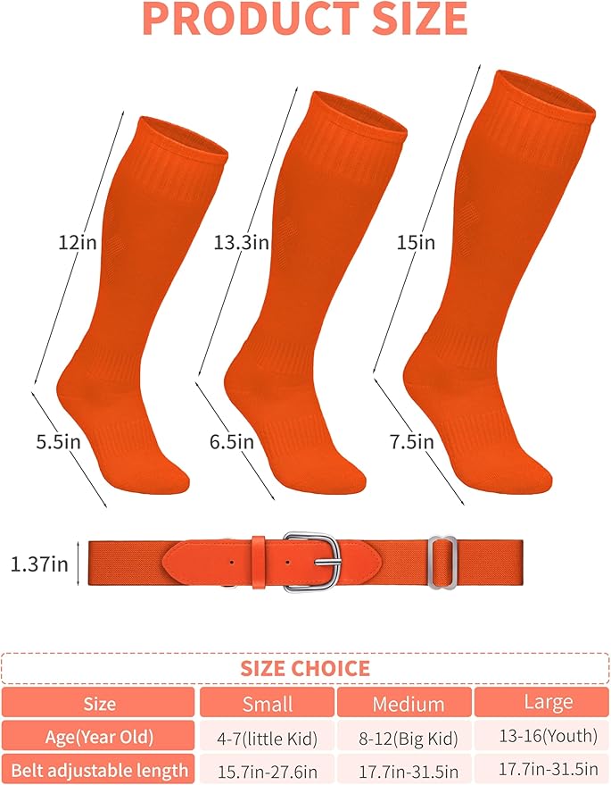 Baseball Socks and Belt Combo Set Cotton Boys Adjustable Baseball Softball Socks and Belt for Boys Girls