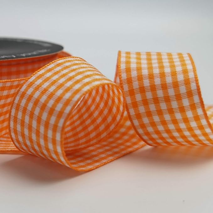 Micomon Orange Gingham Plaid Checked Ribbon 25 Yard Each Roll 100% Polyester - Image 7