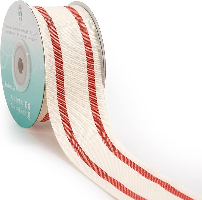 CT CRAFT LLC Ivory Cotton Red Stripes Ribbon 1.5" x 10 Yards by CTCRAFTLLC