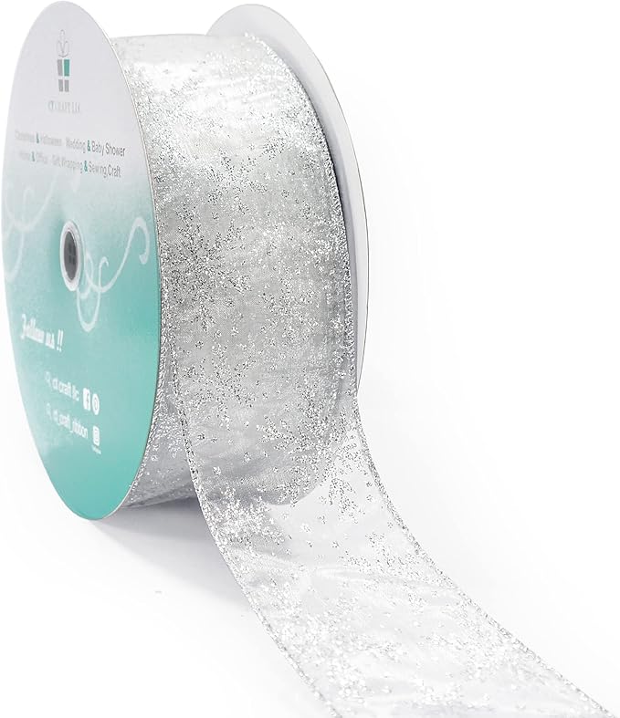 CT CRAFT LLC Organza with Silver Glitter Snowflakes Wired Ribbon 2.5 inch x 50 by CTCRAFTLLC