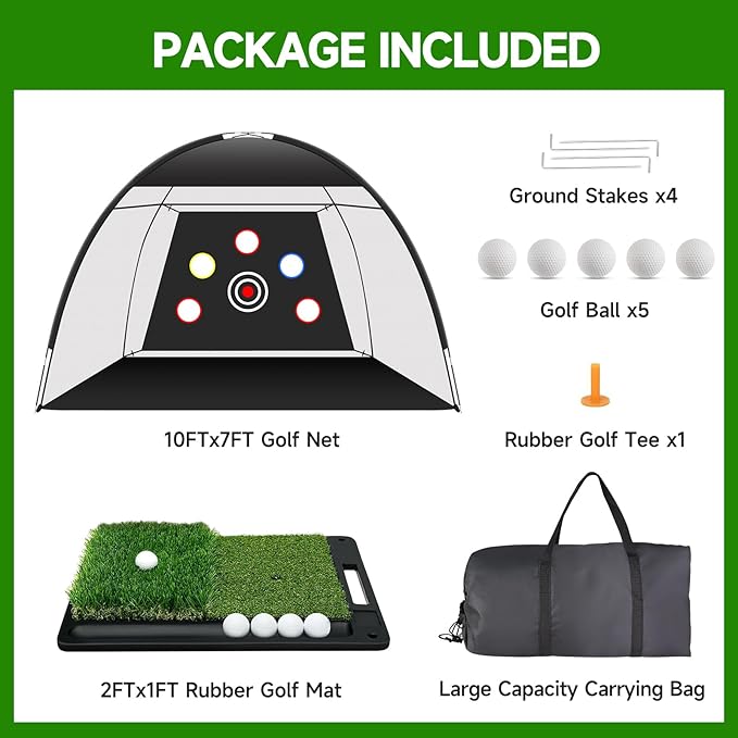 Golf Net: 10x7ft Golf Hitting Practice Net for Use，with Heavy-Duty Base Dual-Turf Mat，Suitable for Various Indoor and Outdoor Scenarios，Scenes Such As Garages, Backyards, Sandy Areas, Lawns, Etc