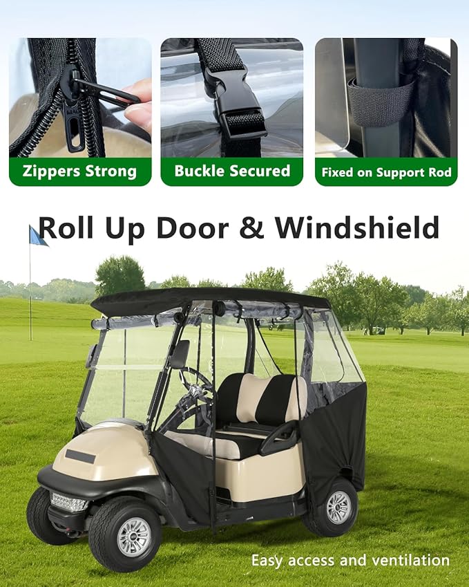 2 Passenger Golf Cart Enclosure for Club Car Precedent Tempo Onward, 600D Waterproof Driving Rain Cover with Full Roll-Up Clear Windows & Doors, Heavy Duty Zippers & Side Mirror Openings