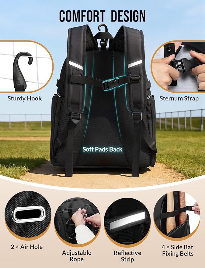 Baseball Backpack for Adult Large Capacity Softball Bat Bag with Shoe Compartment & Wet Pocket Baseball Bag with Fence Hook for 4 Bats & Equipment