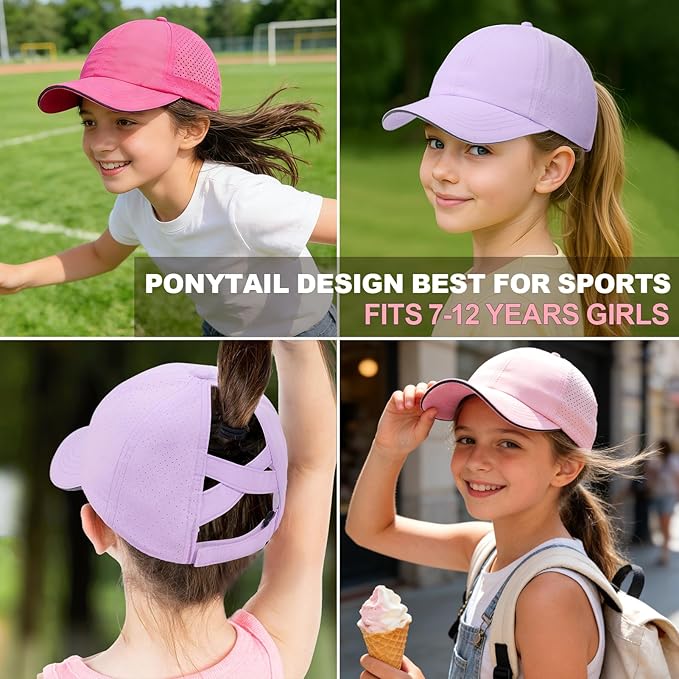 Girls Criss Cross Ponytail Hat Mesh Baseball Cap Kids Quick Dry Ponycap Hats Outdoor Summer Sports Hat Age 7-12