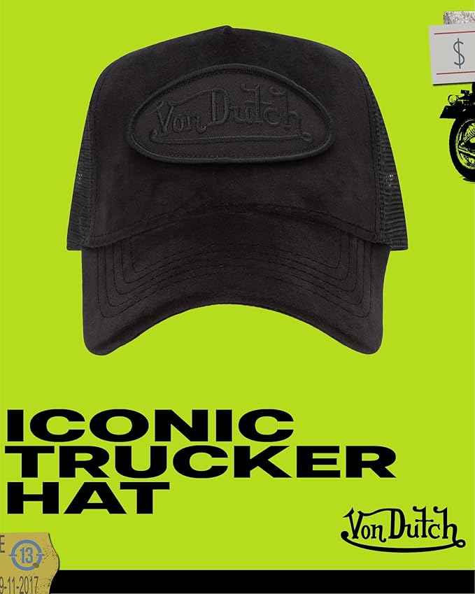 Von Dutch Unisex Trucker Hat - Velvet Curved Bill Mesh Back Retro Classic Adjustable Snapback Baseball Cap for Men and Women