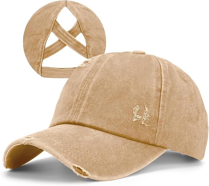 Criss Cross Ponytail Hat Women Washed Distressed Baseball Caps Adjustable High Messy Bun Ponycap