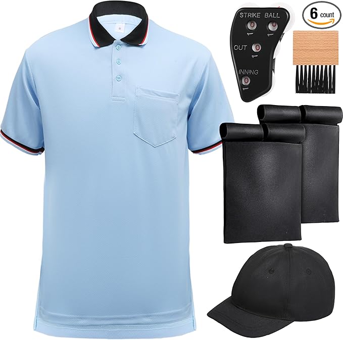 6 Pcs Baseball/Softball Umpire Accessories Set Including Umpire Shirt Hat Indicator Brush Ball Bag for Men Referee