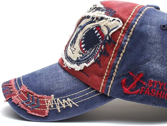 Elwow Men's Oilcloth Front Decor Washed Distressed Embroidery Baseball Cap Driver Trucker Hat with Eagle & Shark Patch