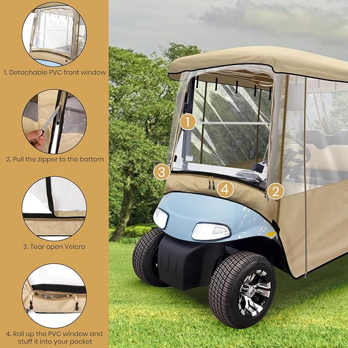 Leader Accessories Golf Cart Enclosure 2 + 2 Seater for EZGO RXV Golf Driving Enclosure Short Roof 2 Over 4 Passenger Golf Cart (Tan)