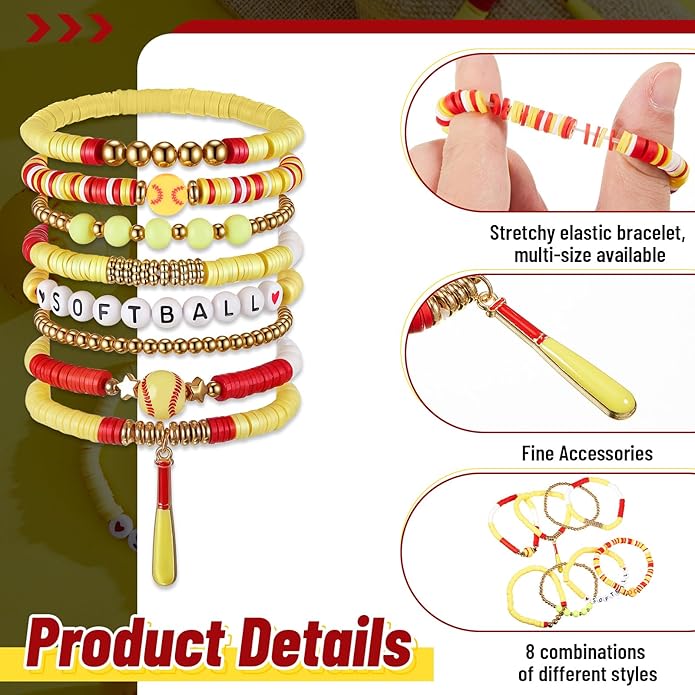 Huquary 8 Pack Sports Bracelets for Women Mom Soccer Baseball Football Volleyball Basketball Stackable Heishi Clay Beaded Bracelet Accessories Fan Outfits Jewelry Gifts for Sports Party Favor