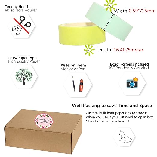 VIVIQUEN Washi Tape Set, 20 Rolls Colored Masking Tape, 15mm Rainbow Pastel - Image 2