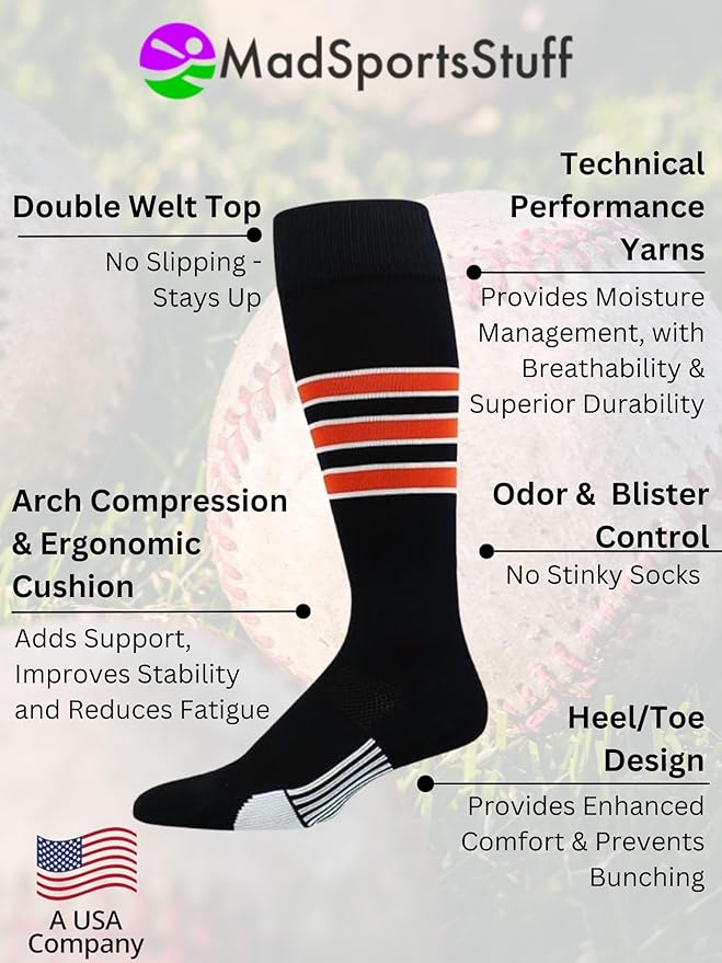 MadSportsStuff Softball Socks Baseball Socks | White & Team Colors | USA Made | Sizes for Girls, Youth Boys, Men & Women