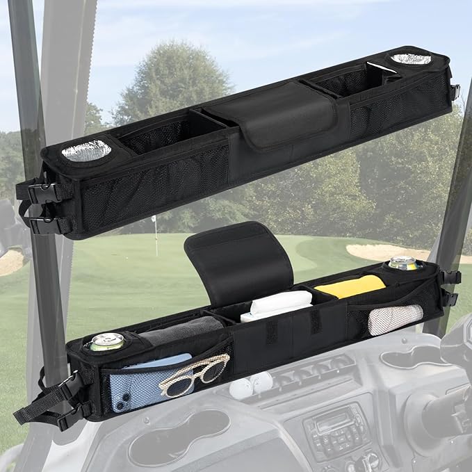 Little World Golf Cart Front Storage Basket - Golf Cart Front Basket with Insulated Cup Holders, No-Drilling Installatio Golf Cart Storage Accessory (Black)