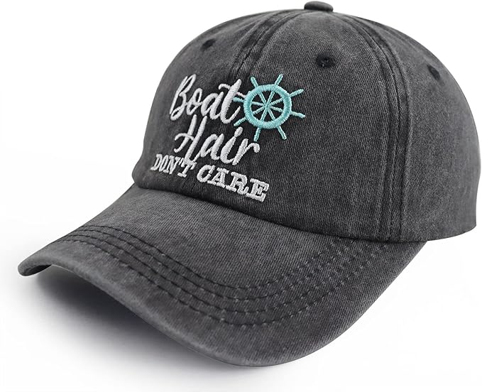 Boat Hair Don't Care Hats for Men Women, Adjustable Embroidered Cotton Washed Distressed Denim Fishing Baseball Cap