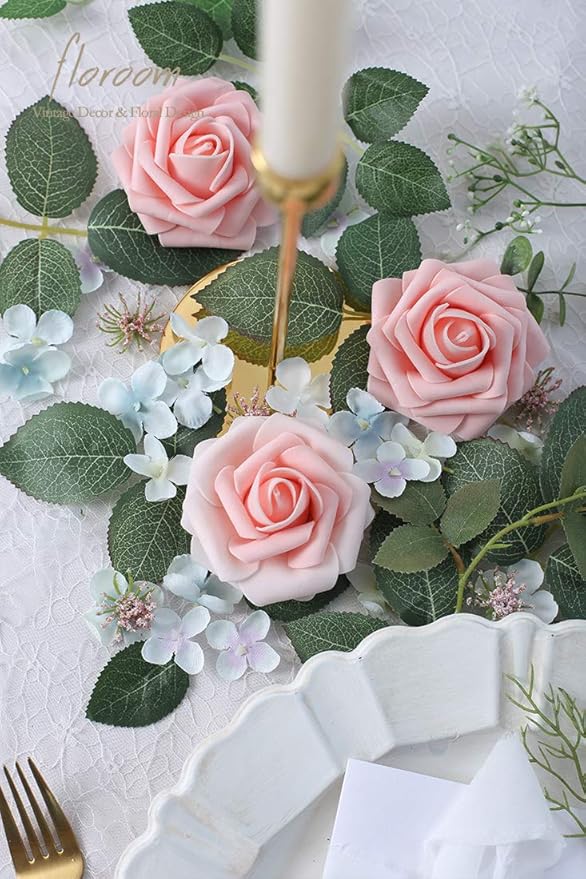 Floroom Artificial Flowers 50pcs Real Looking Blush Heirloom Foam Fake Roses - Image 4
