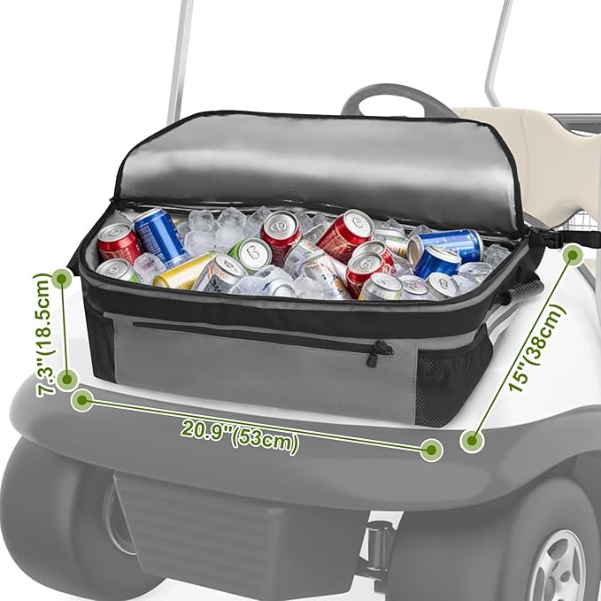 Golf Cart Cooler Bag, Insulated Fits 20-30 11oz Cans, Reflective Finish with Handy Pockets, Golf Cart Accessories Compatible with EZGO, Club Car Kandi Electric Golf Carts