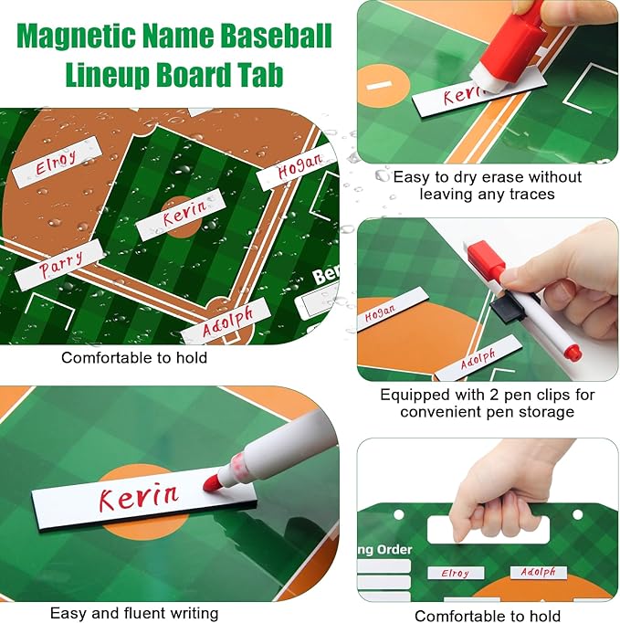 Baseball Coach Clipboard, Anglecai Double-Sided Dry Erase Baseball Lineup Board for Softball Dugout Board Baseball Coaching Board with 30 Lineup Card/ 10 Magnet/2 Marker/2 Hook (Green)