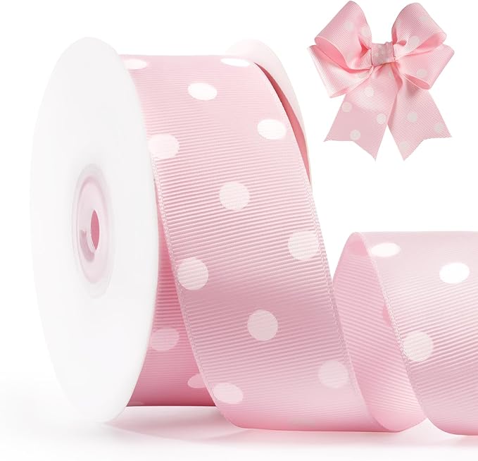 Polka Dot Grosgrain Ribbon 1.5 Inch, 25 Yards Spool Pink and White Dot Craft by FAKILO