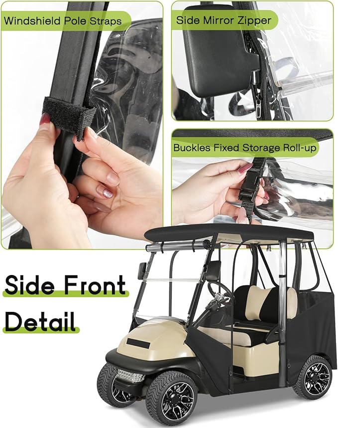 Golf Cart Enclosure 2 Passenger for Club Car Precedent Tempo Onward 2-Person Seaters 600D Waterproof Transparent Driving Rain Cover with 4-Sided Clear Windows Mirror Zipper Roll-Up Door Black