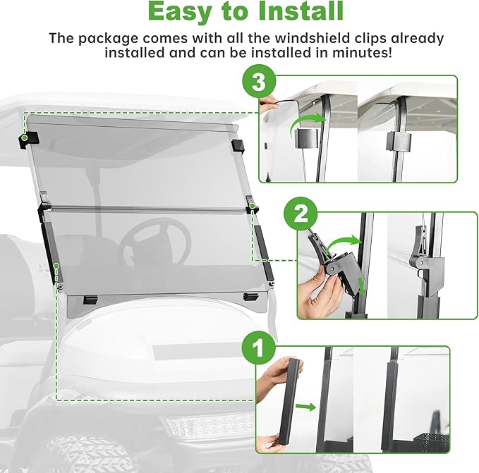 10L0L Golf Cart Windshield for Club Car Precedent 2004-Up, Tempo, 2017-Up Onward, Clear/Tinted Fold Down Club Car Windshield Anti-UV Impact Resistant, HD View, 37.5" W X 33.6" H